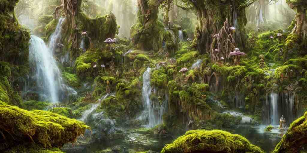 fairyland scenery landscape, lord of the rings, waterfalls, monoliths, flowers, mushroom structures, moss highly detailed, vivid color, perfect lighting, perfect composition, 8 k, brian froud, artgerm, derek zabrocki, greg rutkowski 