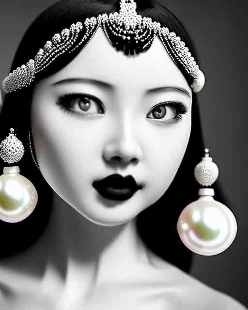 black and white dreamy young beautiful female artificial intelligence, realistic pearl ornament in the face, long hair are intricate with highly detailed realistic pearls, cinematic, rim light, bokeh, photo - realistic, elegant, high detail, 8 k, masterpiece, photo taken in 1 9 3 0 