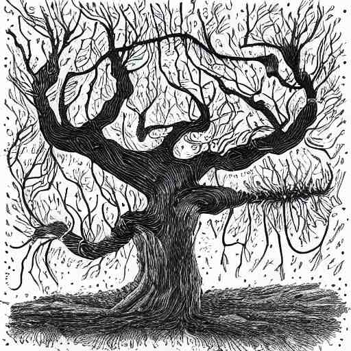 black and white ink doodle illustration of an ancient tree floating in outer space, overgrown with funghi, style by peter deligdisch, peterdraws 