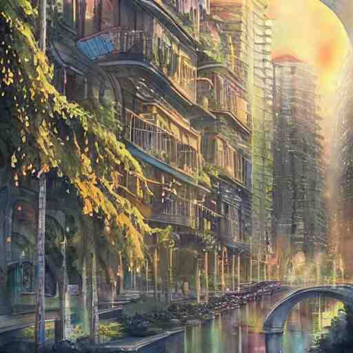 Beautiful picturesque charming futuristic city in harmony with nature. Nice colour scheme, soft warm colour. Beautiful detailed watercolor by Lurid. (2022)