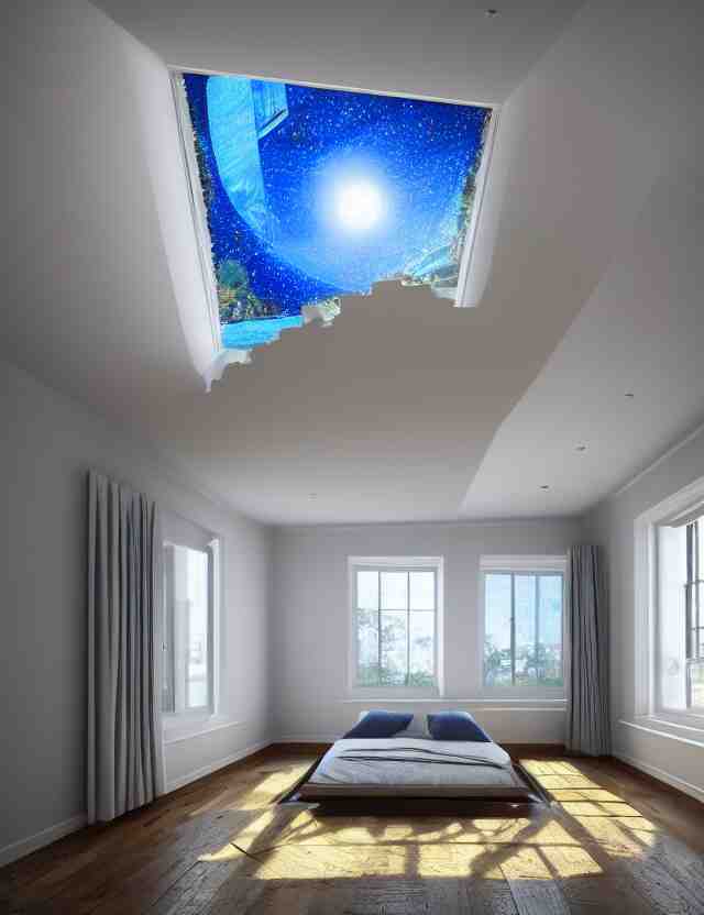 an ultra wide angle photo of a bed hovering above the floor in the middle of a giant tesselating bedroom with windows opening to other worlds by casey weldon!!!! and lee madgewick and m. c. escher, photorealistic, octane render, recursive!!!!, flowing, cascading, multiverse!!!!!!, labyrinthine 