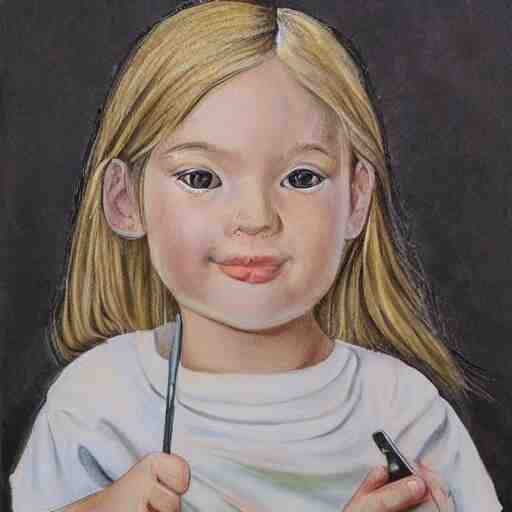 4 year old blonde girl with iphone colored pencil on white background by eloise wilkin 