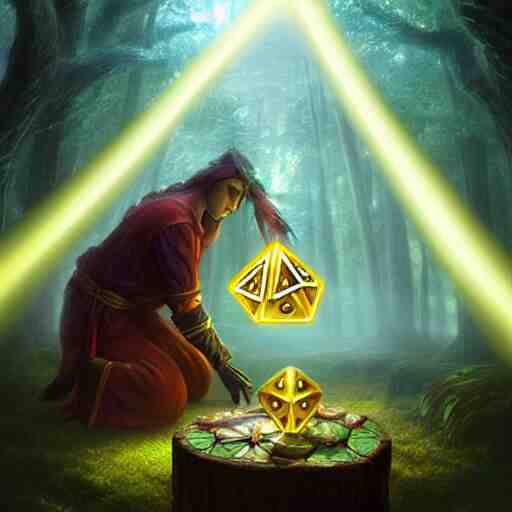 a mythical forestmancer god rolling a d 6 dice, glowing energy, fantasy magic, by willian murai and jason chan, dramatic lighting, golden ratio, sharp focus 