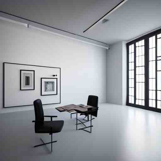 : abstract paintings on wall in white art studio with modern architecture cinematic lighting, hyper - realistic, detailed, render by c 4 d octane, unreal engine, 8 k 3 d render 