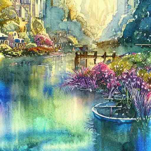 Beautiful happy picturesque charming sci-fi town in harmony with nature. Beautiful light. Water and plants. Nice colour scheme, soft warm colour. Beautiful detailed watercolor by Lurid. (2022)