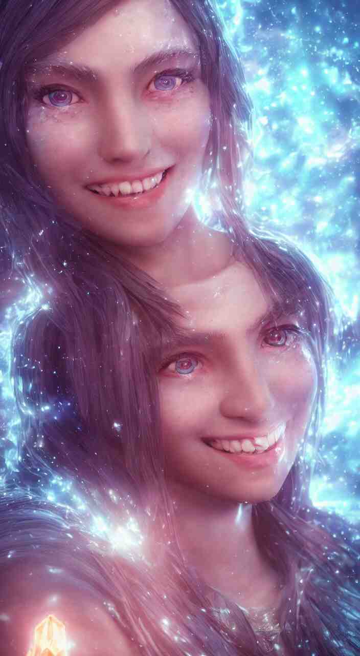 Teenage female Mage, outdoors lighting, astral background, symmetrical face and body, confident, smile, detailed moisture, detailed droplets, detailed intricate hair strands, DSLR, ray tracing reflections, eye reflections, focused, unreal engine 5, vfx, post processing, post production, Arcane Style, 8k