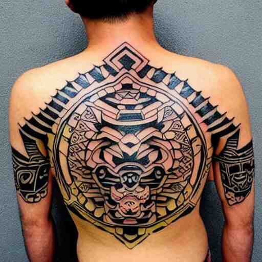 intricate japanese mayan yakuza tattoo, geometric dark animal tattoo, tattoo on upper arm