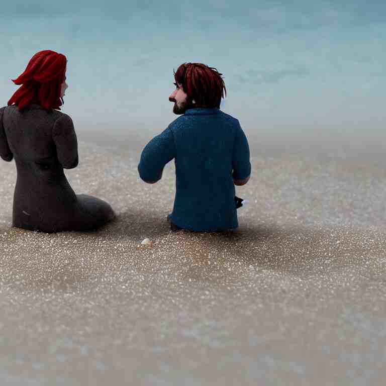 a cinematic film still of a claymation stop motion film eternal sunshine of the spotless mind joel and clementine on the beach, shallow depth of field, 8 0 mm, f 1. 8 