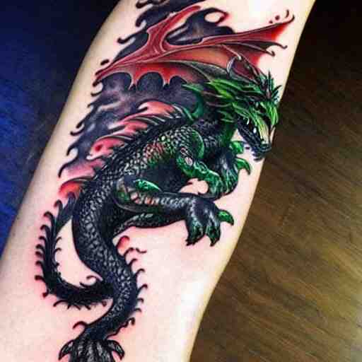 dark and vibrant fantasy dragon!!! drake wyvern, black and emerald dragon!!, forearm tattoo