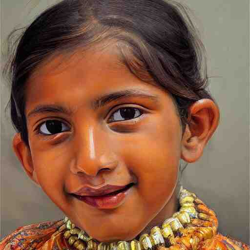 high quality high detail painting by lucian freud, hd, smiling cute indian girl portrait, photorealistic lighting 