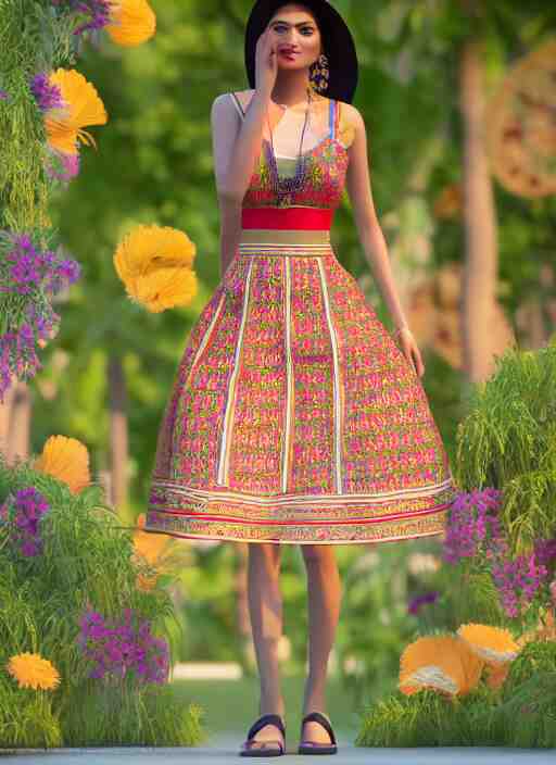 beautiful summer assamese mekehela bihu style floral gamosa dress ; flirtatious, boho - chic, sleeveless, elegant, short skirt length, slimmer demeanor, plethora of colors ; mini dress, highly detailed cute face by wlop ; octane render, unreal engine 5, trending on artstation, 8 k high resolution, global illumination ray tracing ; symmetrical, cinematic, high coherence, hdr fabric textures 