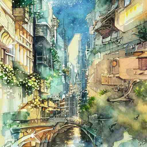 Beautiful happy picturesque charming sci-fi city in harmony with nature. Nice colour scheme, soft warm colour. Beautiful detailed watercolor by Lurid. (2022)