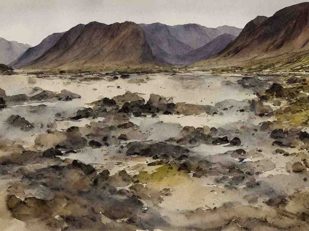 wastwater screes in early evening light painted in watercolours and pencil by william heaton cooper and rock textures by julian cooper 