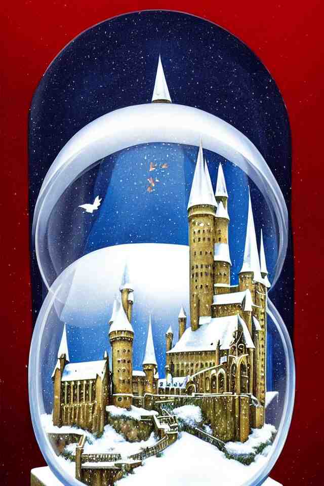 an achingly beautiful print of one snow globe with hogwarts inside by raphael, hopper, and rene magritte. detailed, proportional, romantic, vibrant, enchanting, trending on artstation 