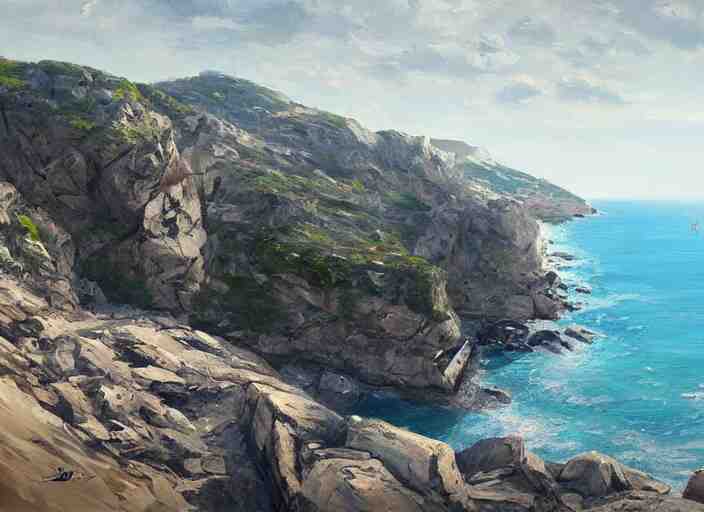 villane brutalist base of James Bond, coastal perched on a cliff overlooking a magnificient bay, concept art oil painting by Jama Jurabaev, extremely detailed, brush hard, artstation