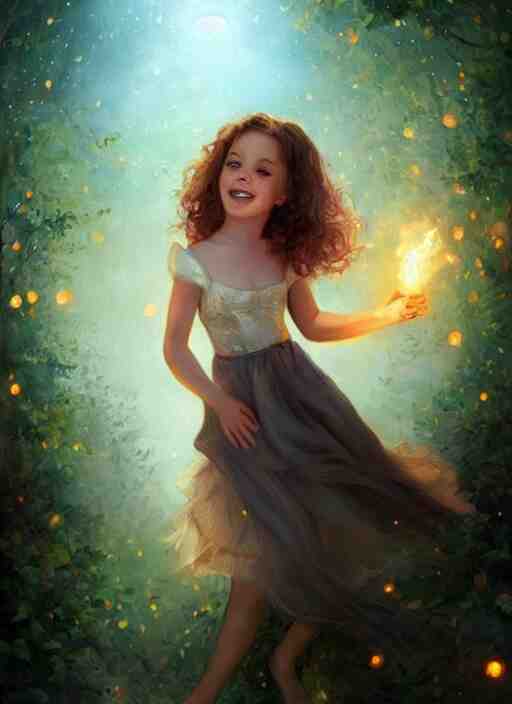 A cute little girl with short curly brown hair with a happy expression wearing a summer dress dancing with fireflies, she is in the distance. beautiful fantasy art by Charlie Bowater.