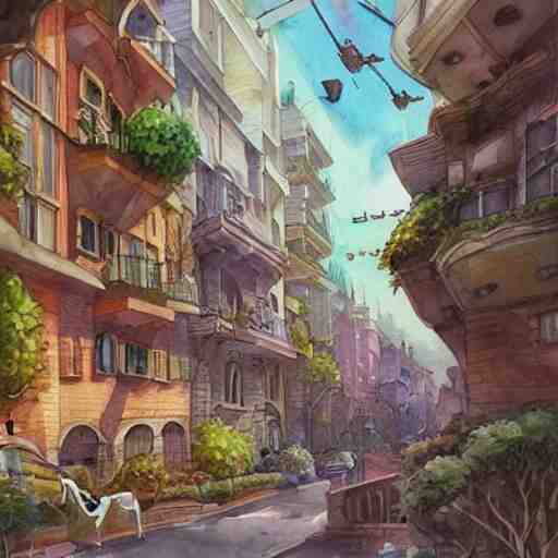 Beautiful happy picturesque charming sci-fi city in harmony with nature. Nice colour scheme, soft warm colour. Beautiful detailed watercolor by Lurid. (2022)