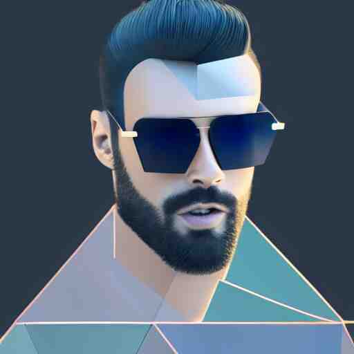 Gigachad in the style of 3d polygon art. Rule of thirds. Badass. Cool. Neat. Wearing stylish sunglasses. Charming smirk. Charming smile. In the style of faceted glass geometric abstract art. 4k. HDR. Award-winning. Raytracing. Global illumination. Ambient occlusion. Blue color scheme. Octane render of a cool abstract geometric head forum avatar character. Futuristic. badass. interesting. intriguing. stylish. 