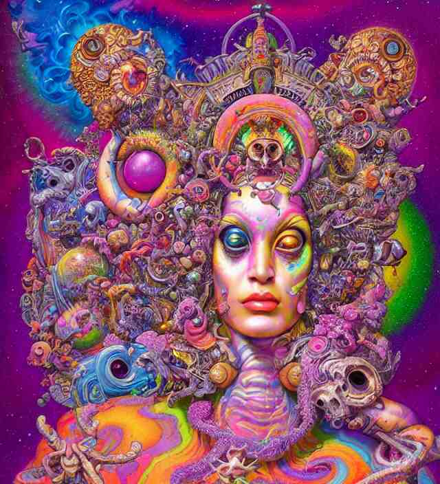 lisa frank inspired blotter acid fantasy character portrait of fertility goddess, ultra realistic, wide angle, intricate details, dharma artifacts, aum, highly detailed by hr giger, peter mohrbacher, wayne barlowe, boris vallejo, hajime sorayama aaron horkey, gaston bussiere, craig mullins 