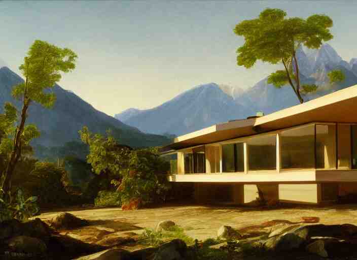 painting of a richard neutra house in front of beautiful mountains by thomas cole 