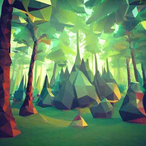 low poly landscape of a magical enchanted forest, digital render 