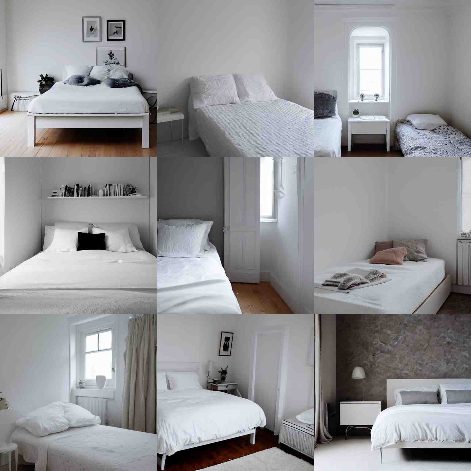 a small single white bed in the corner of a white room 