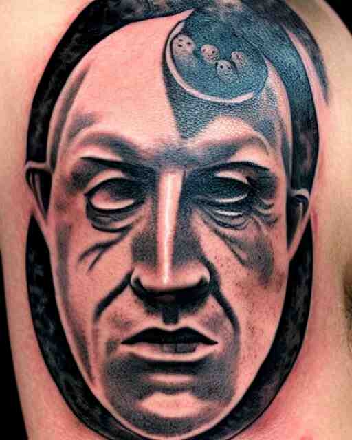 renaissance head with planets tattoo design, hyper - realistic, in the style of tony santos 