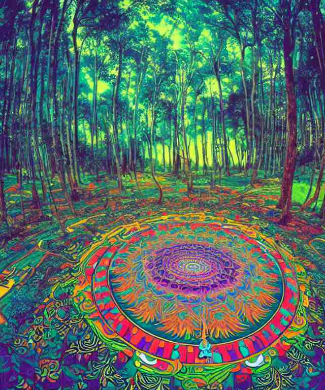 a psychedelic forest mandala on the ground, wide angle landscape shot, pixar style by tristan eaton, artgerm and tom bagshaw 