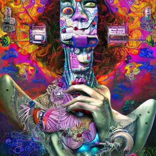 beautiful, insane, bizarre, wacky, mixed media collage, dadaist, picasso, giraud, kinkade, artstation, vivid, hyper detailed, digital art, deep and dense coloration, 