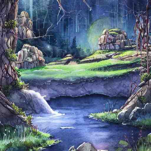 beautiful happy picturesque charming sci - fi organic homes in a beautiful natural scene. water, trees and rocks. beautiful light. soft colour scheme. beautiful artistic detailed watercolor by lurid. ( 2 0 2 2 ) 