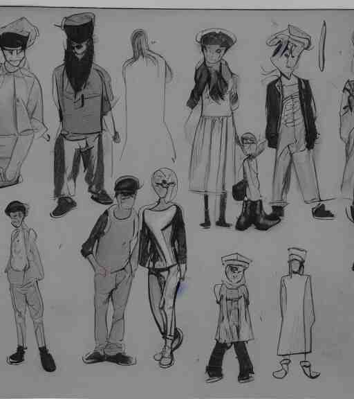 full page scan of many character design sketches. young man,  young mother, man with beard. Everyone has pale grey eyes. sailor caps, German, tapa, simple clothing.  in the style of Jillian Tamaki and Richard Corben. costume designs, pleasant faces, nature colors