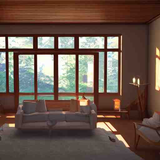 Peaceful wooden mansion, unreal engine 5 tech demo, zillow interior, golden hour, living room, cozy, Frank Lloyd Wright ((Studio Ghibli))
