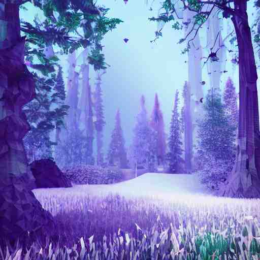 low poly landscape of a magical enchanted forest, digital render 