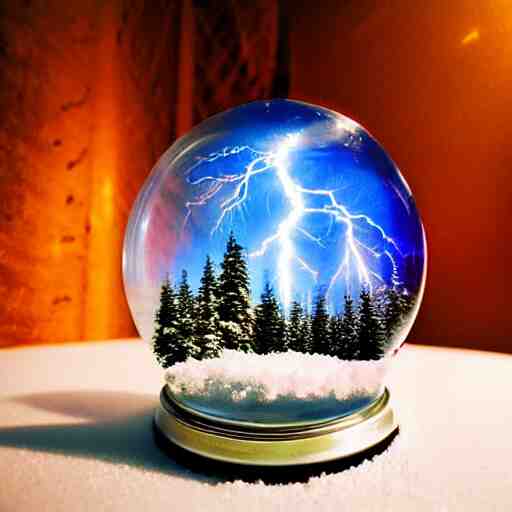 a snow globe with a lightning storm inside. Atmospheric photography. Rich colors, dramatic lighting