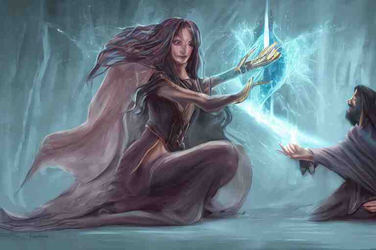 the dark sorceress bestows her magic upon her disciple, which is kneeling in front of her, concept art, trending on artstatio HD