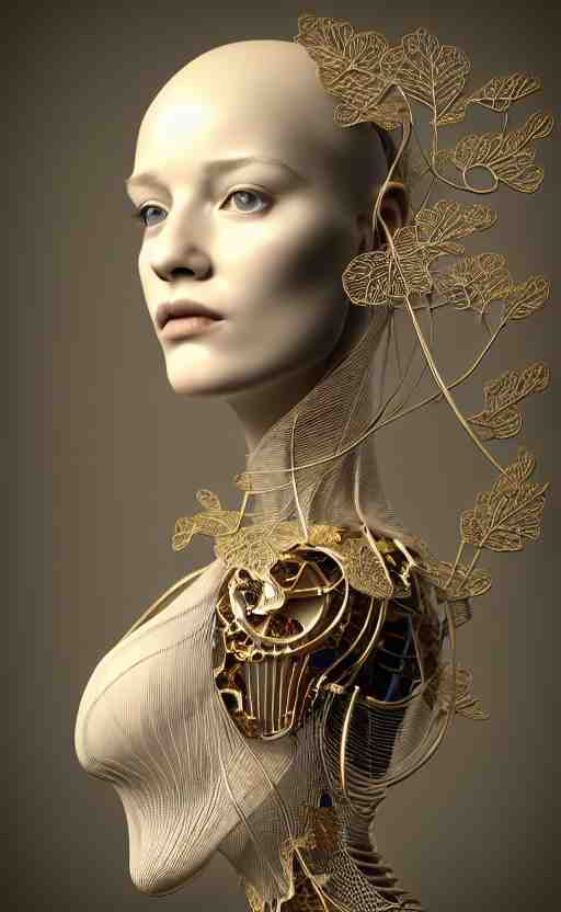 complex 3 d render hyper detailed ultra sharp of a beautiful porcelain profile woman face, mechanical cyborg, 1 5 0 mm, beautiful abundant natural soft light, rim light, studio light, big autumn leaves and stems, sinuous roots, fine foliage lace, silver gold filigree details, alexander mcqueen high fashion haute couture, pearl earring, art nouveau fashion embroidered, steampunk, mesh wire, hyperrealistic, mandelbrot fractal, anatomical, red lips, white metal armor, facial muscles, cable wires, microchip, elegant, octane render, h. r. giger style, 8 k 