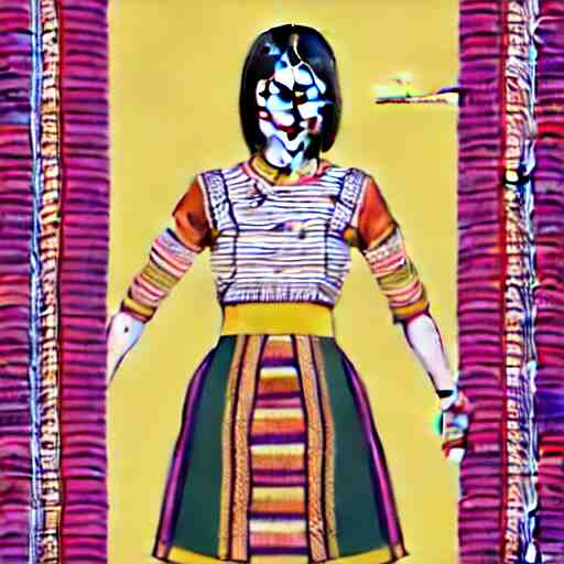 a beautiful cute girl wearing modern stylish costume in the style of Assamese bihu mekhela sador gamosa design, professional high quality commercial fashion design art by Martine Johanna