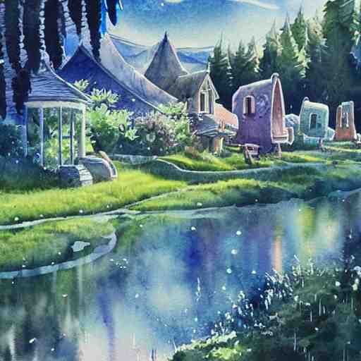 Beautiful happy picturesque charming sci-fi town in harmony with nature. Beautiful light. Water and plants. Nice colour scheme, soft warm colour. Beautiful detailed watercolor by Lurid. (2022)