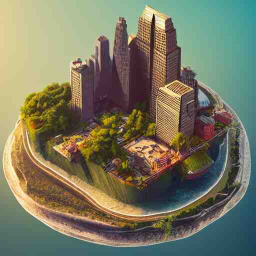 manhattan on a floating island in the sky, waterfalls falling down, low poly art, isometric art, 3d render, ray tracing, high detail, artstation, concept art, behance, smooth, sharp focus, ethereal lighting