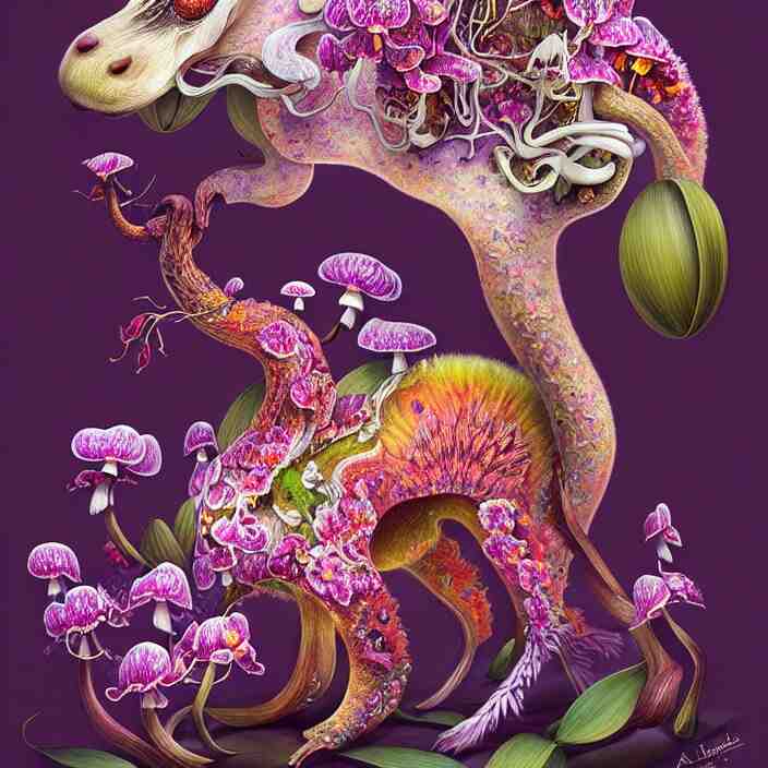 extremely psychedelic animal made of orchid and cherry blossom tree and mushroom, LSD, diffuse lighting, fantasy, intricate, elegant, highly detailed, lifelike, photorealistic, digital painting, artstation, illustration, concept art, smooth, sharp focus, art by John Collier and Albert Aublet and Krenz Cushart and Artem Demura and Alphonse Mucha