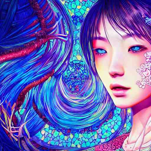 the face of a ridiculously beautiful and pretty japanese girl partially made of onion rings of all colors looking down, an ultrafine detailed illustration by james jean, final fantasy, intricate linework, bright colors, behance contest winner, vanitas, angular, altermodern, unreal engine 5 highly rendered, global illumination, radiant light, detailed and intricate environment 