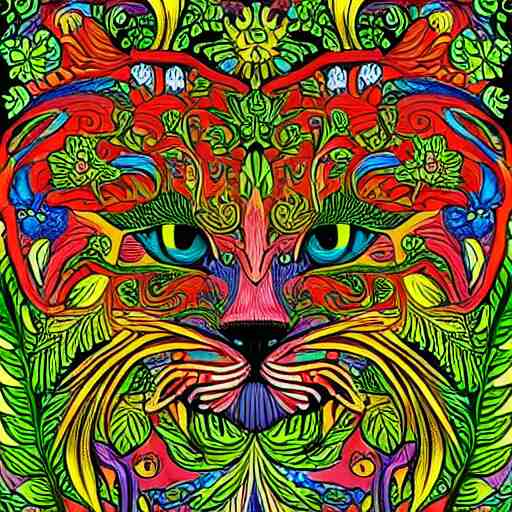 colourful ornate decorative green man as a cat face by louis wain and william morris, closeup, twisting leaves, abstract psychedelic, 8 k, artstation 