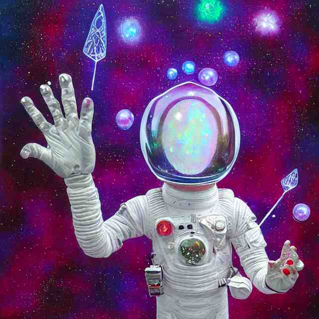 realistic extremely detailed  photo style  painting of a complete  astronaut suit with exposed diamond 3d fractal lace iridescent bubble 3d skin clear brain+ one hand holding a glowing sparkle plasma spear and multiple chest  arm and legs chelate appendages and in a jumping float Pose
,opal ruby diamond iridescent fractal lace bubble materials,against a psycadelic  wavy lace wall,
monolithic retro futuristic ,water , by style hybrid mix of beeple+Anton Pieck+Jean Delville+ Amano,Yves Tanguy+ Alphonse Mucha+ Ernst Haeckel+ Edward Robert Hughes+Stanisław Szukalski , compound eys lenses,
rich moody colors,diamond dust glitter and sparkles, granular detail,holographic krypton ion,blue eyes,octane render,4k,
f32,55mm photography,wide angle ,jumping float Pose,full shot,  