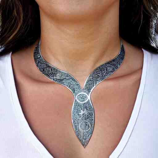 amulet of wave inlaid in silver on a young beautiful woman neck, hyper realistic, 