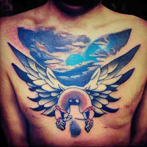 tatoo art of icarus flying over some ruins 