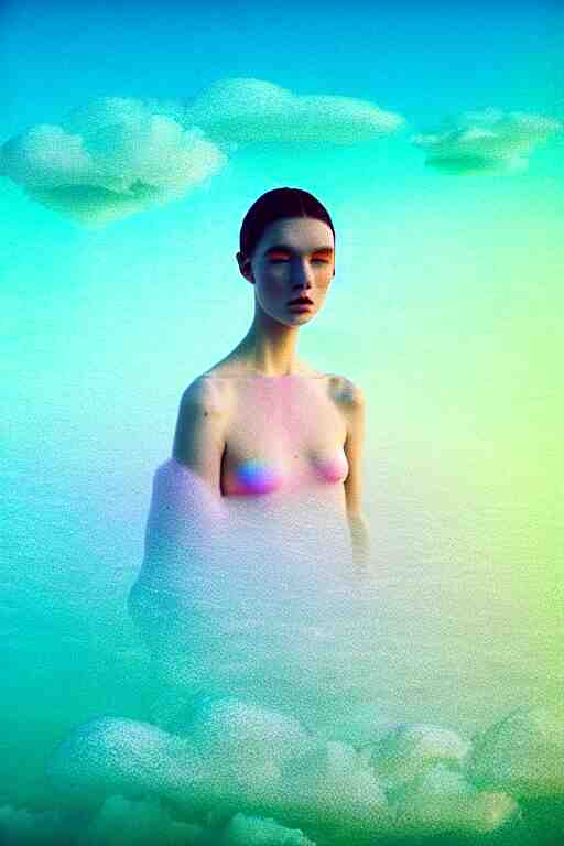 high quality pastel coloured film close up wide angle photograph of a model wearing clothing swimming on cloud furniture in a icelandic black rock!! environment in a partially haze filled dreamstate world. three point light, rainbow. photographic production. art directed. pastel colours. volumetric clouds. pastel gradient overlay. waves glitch artefacts. extreme facial clarity. 8 k. filmic. 