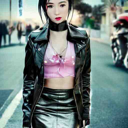 a dynamic, epic cinematic 8K HD movie shot of a japanese beautiful cute young J-Pop idol actress yakuza rock star girl wearing leather jacket, miniskirt, nylon tights, high heels boots, gloves and jewelry. Motion, VFX, Inspirational arthouse, at Behance, with Instagram filters
