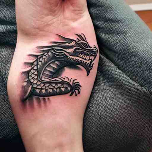 Arm tatoo of a dragon starting from the elbow, wrapping around the wrist in a downward spiral, emerald placed inside of the dragons mouth