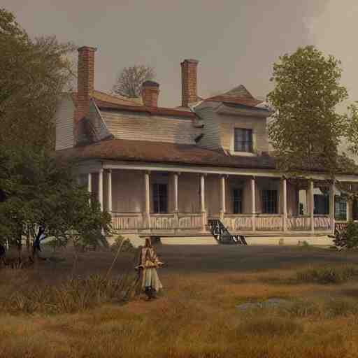 colonial house on the shore of Lake Huron, felix Kelly, artstation, Matte painting