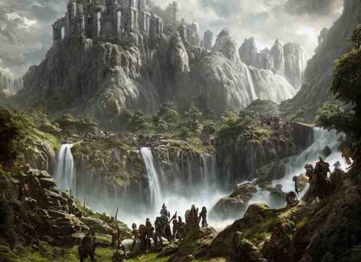 medieval adventurers in the shire scenery landscape, lord of the rings, enormous waterfall ruins, rule of thirds, highly detailed, perfect lighting, perfect composition, 4 k, artgerm, derek zabrocki, greg rutkowski 